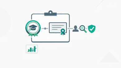 Credly Alternatives for Digital Credentials: A Requirements Checklist and Evaluation Scorecard 8 Digital badge and certificate icons connected to a verification check