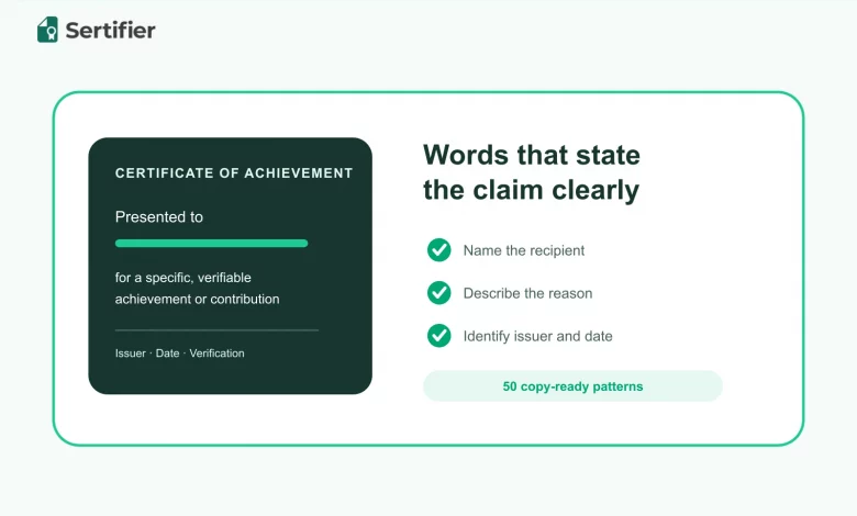 Certificate text samples: 50 wording examples for every type 1 Example achievement certificate beside checks for recipient, reason, issuer and date.