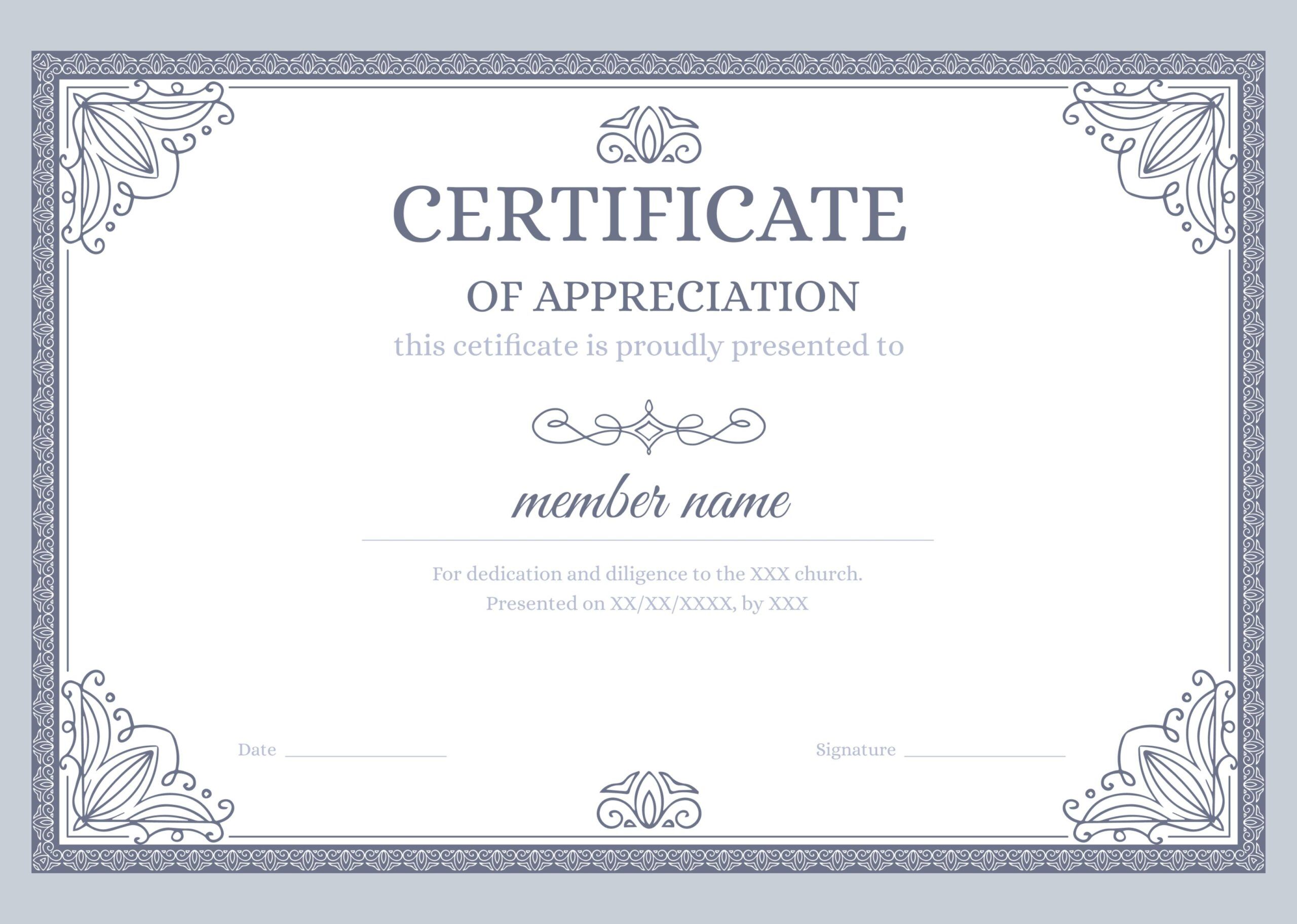 Lavender Floral Border Certificate of Appreciation for Church