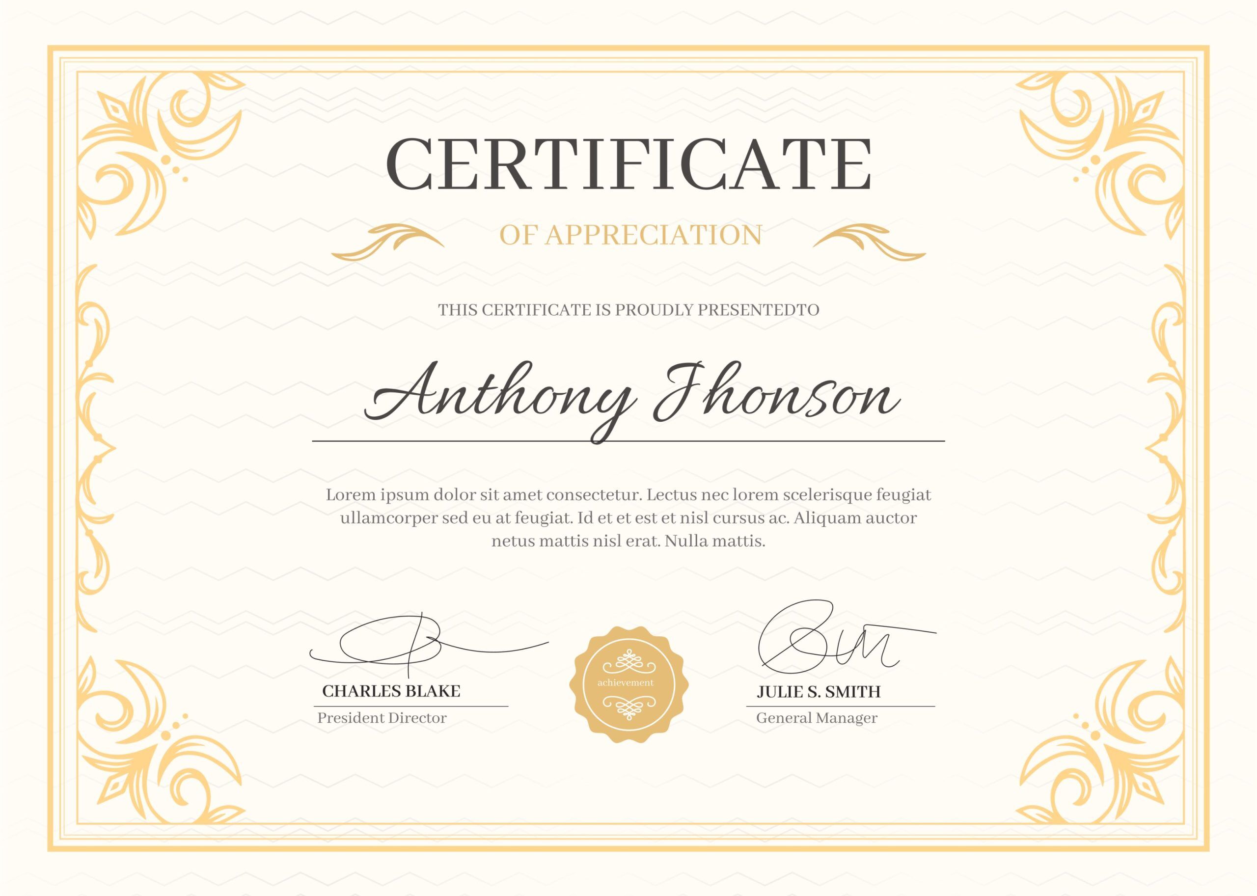 Orange and Gold Elegant Certificate of Appreciation Examples 