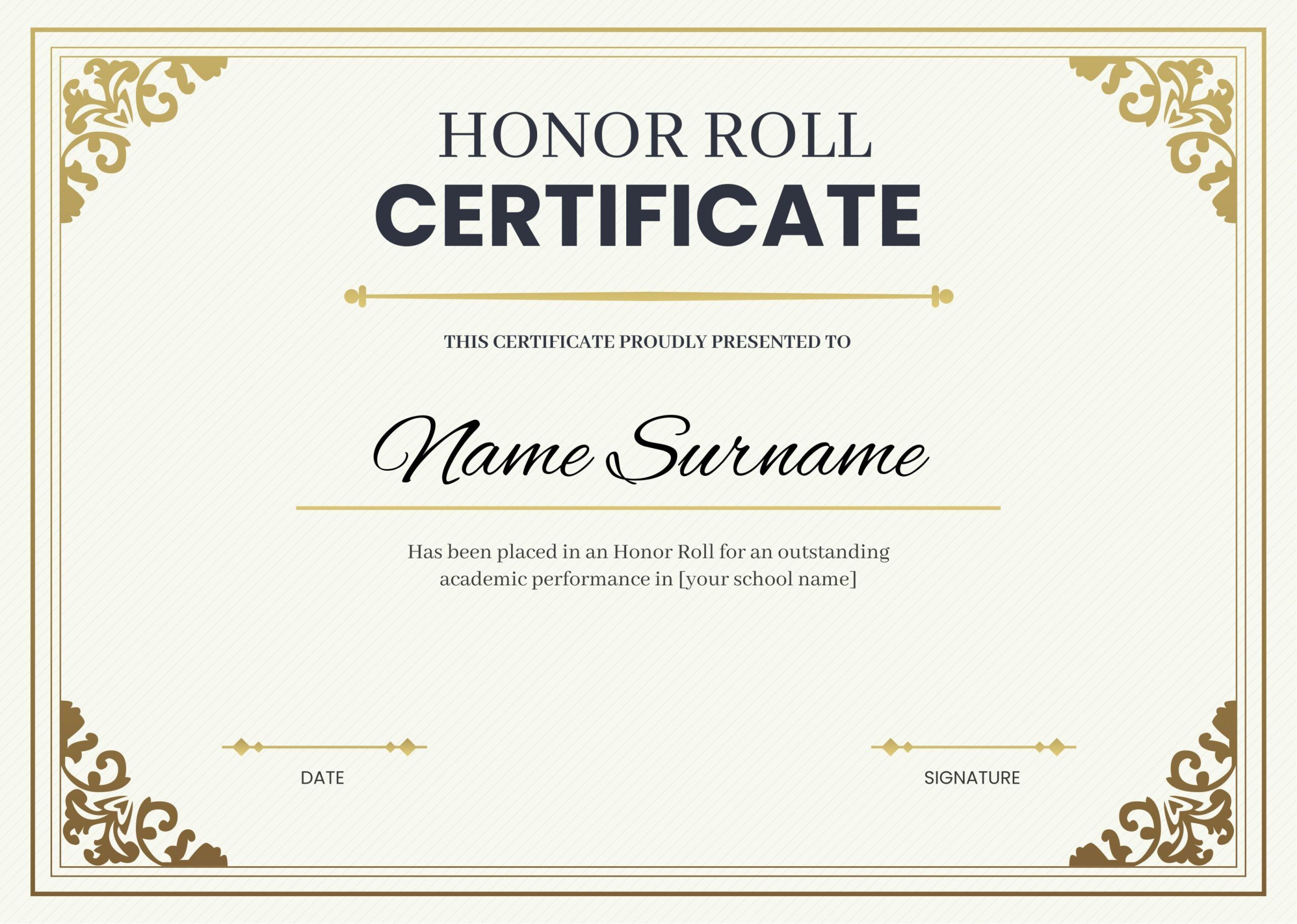 Gold Accent Elegant Honor Roll Certificate Template
