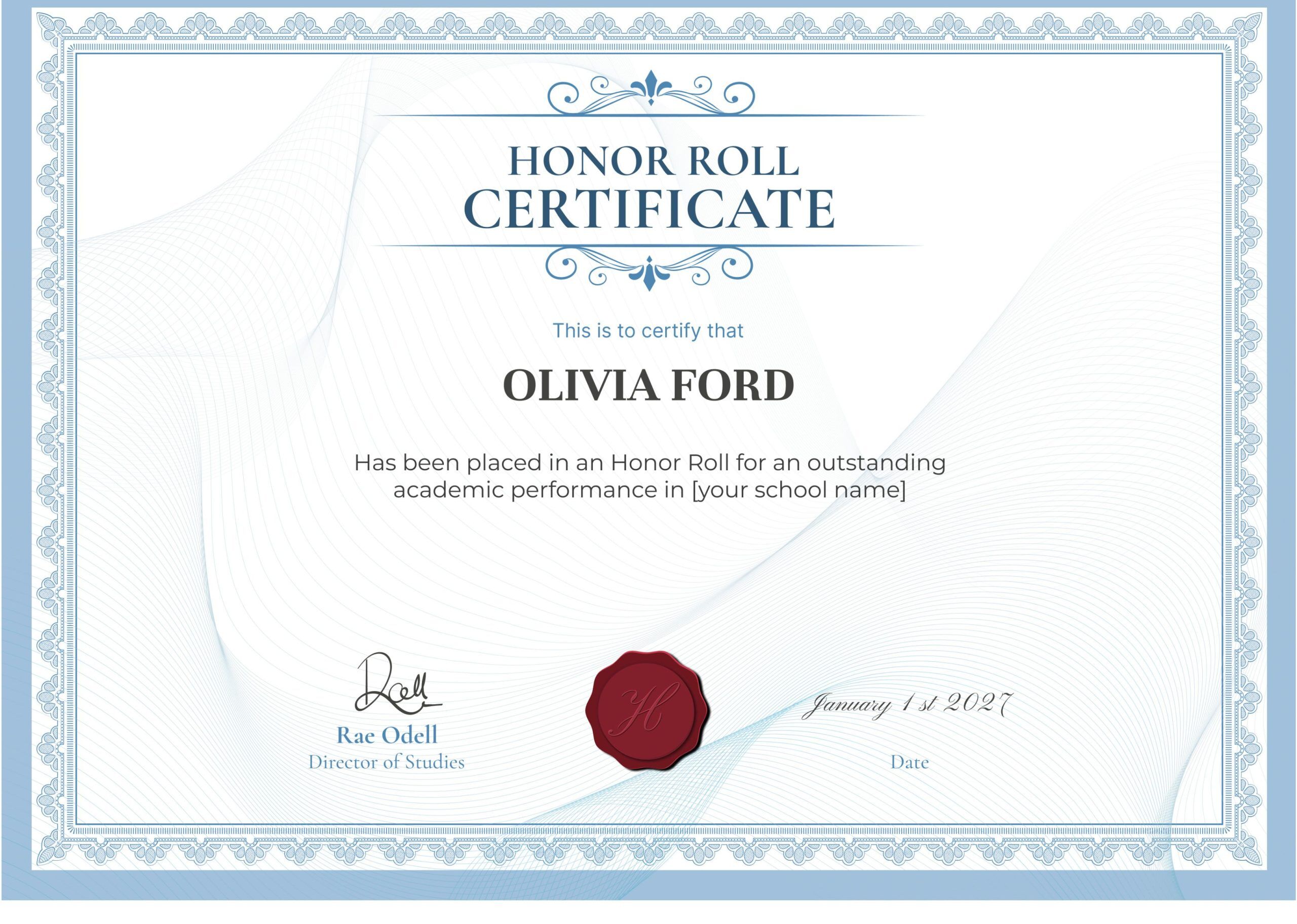 Blue Swirl Detailed Honor Roll Certificate Template