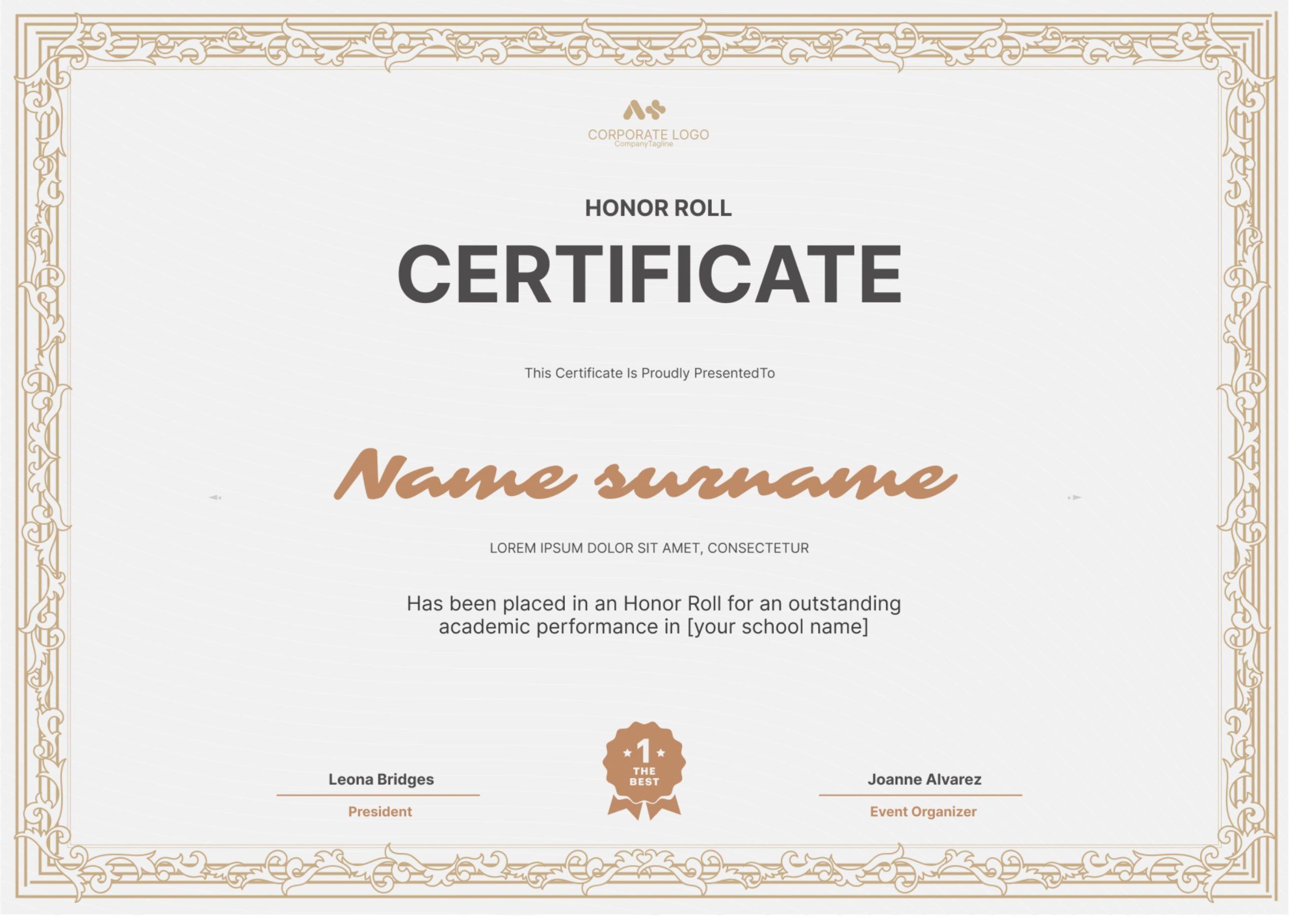 Beige Modern Honor Roll Certificate Template