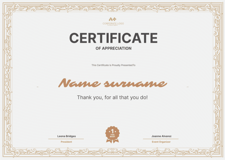 Cream Ornate Border Certificate of Appreciation for Volunteers' Work