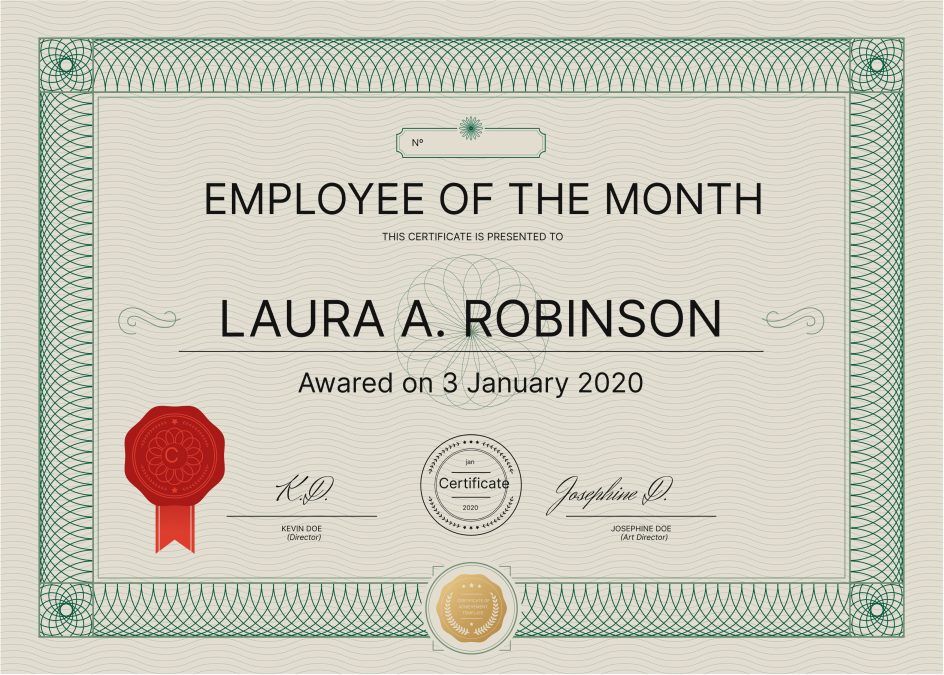 Traditional Green with Red Wax Seal Employee of the Month Certificate