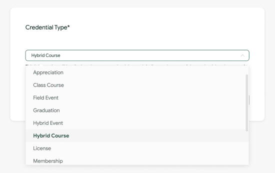 credential type section of creating a detail inside Sertifier app