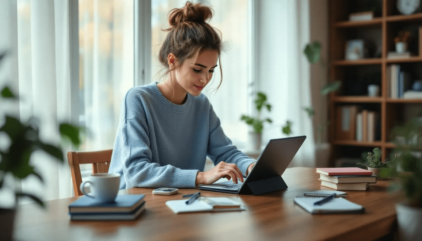 A person is seated comfortably at a desk, using a tablet for online learning in a cozy home study environment, engaging with high-quality content to gain specialized skills and earn stackable micro credentials for professional development. This setup supports lifelong learning and allows today's learners to enhance their expertise at their own pace.