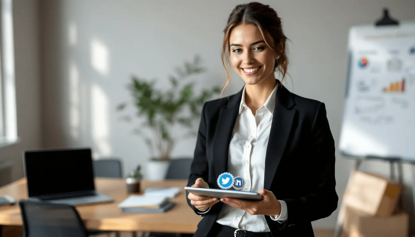 A professional is showcasing a variety of digital badges on different social media platforms, illustrating the benefits of digital credentials for skill development and lifelong learning. The image emphasizes how digital badges serve as a modern alternative to traditional certificates, allowing individuals to recognize achievements and manage their professional growth effectively.