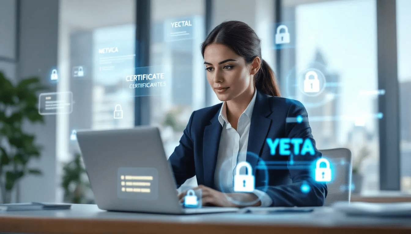 A professional sits at a laptop, focused on their work, while digital certificates and badges representing stackable micro credentials float around them. This image symbolizes the importance of specialized skills and lifelong learning in today's job market, highlighting the value of online courses and professional development in advancing careers.