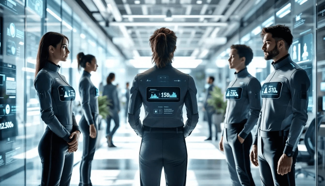 The image depicts a futuristic workplace where digital badges are seamlessly integrated into hiring processes, showcasing various digital credentials on screens. These badges represent specific skills and achievements, highlighting the benefits of digital badging for professional development and continuous learning in educational institutions.