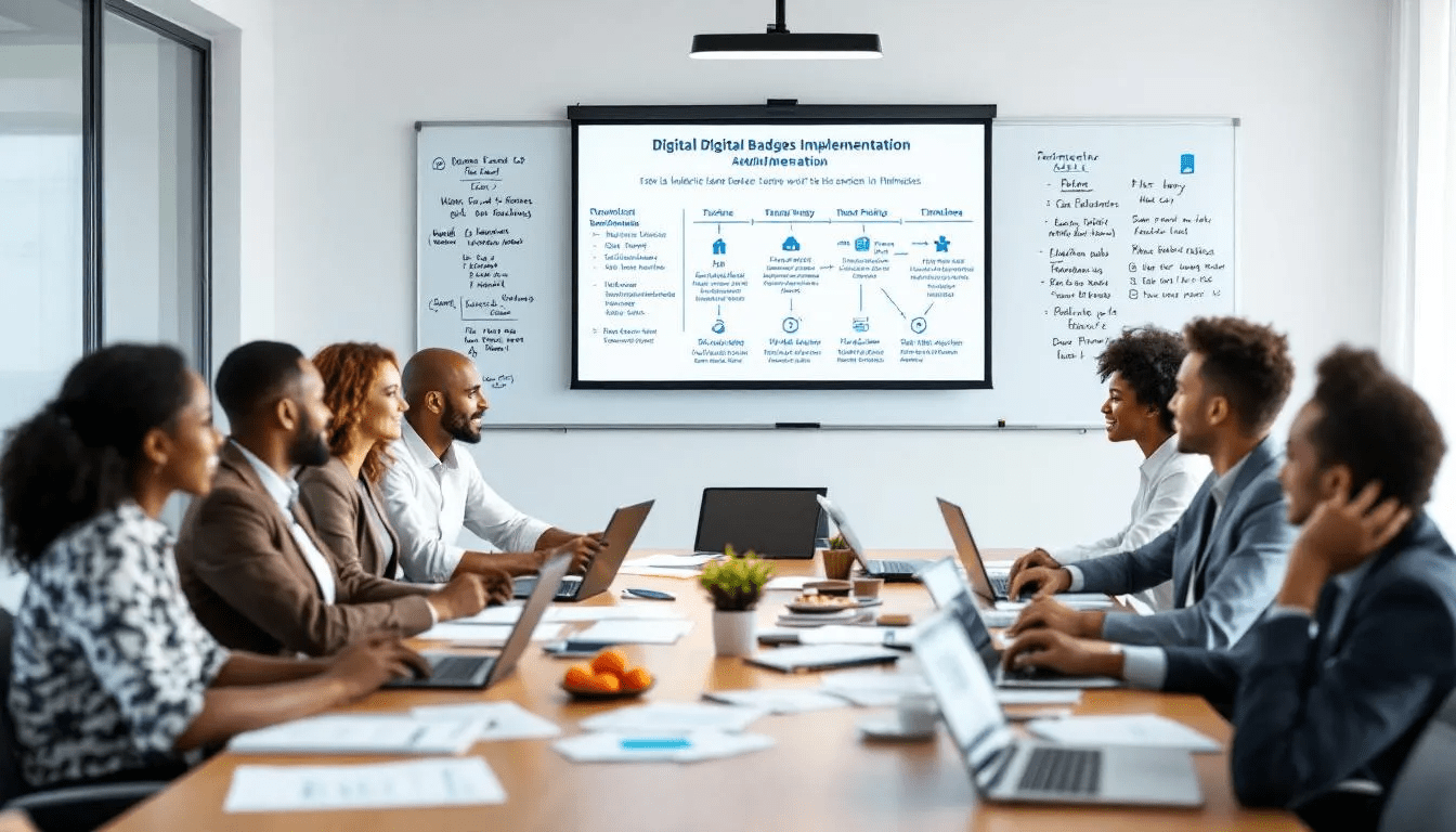 A diverse group of stakeholders gathers around a conference table to discuss the implementation of digital badges, emphasizing the benefits of digital credentials for professional development and lifelong learning in educational institutions. They are engaged in planning how to design and manage digital badges that recognize specific skills and achievements.
