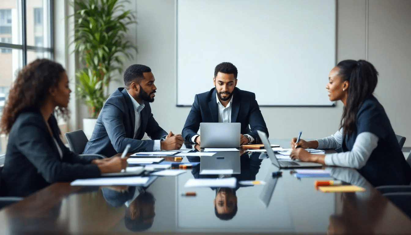 A diverse business team is collaborating around a conference table, engaged with laptops and documents, discussing strategies to enhance their specialized skills and advance professionally in today's job market. This setting reflects the importance of formal degree programs and stackable micro credentials in developing essential skills for success in high-demand fields.