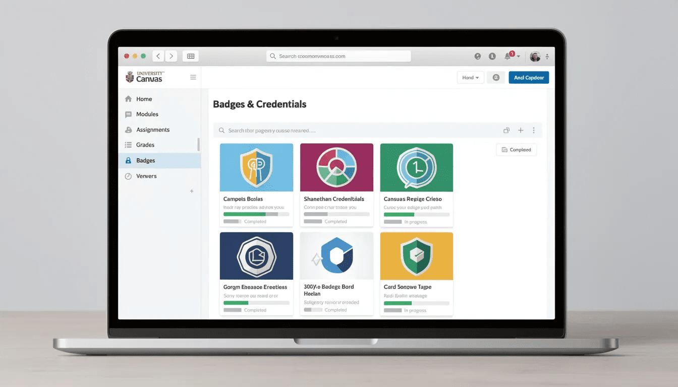 The image depicts a Canvas course interface featuring a navigation menu alongside the integration of badge credentials. It showcases options for students and instructors to access digital badges, manage their badges account, and select credentials, highlighting the process of earning and awarding digital certificates within the Canvas LMS.