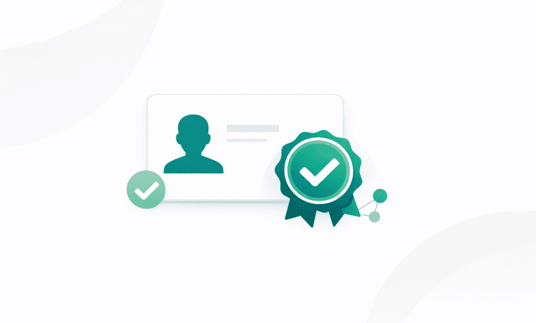 Digital certificate and badge with verification check and connected nodes