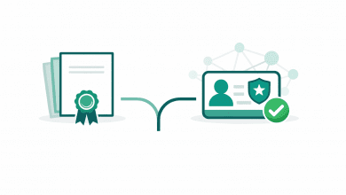 Illustration comparing a paper certificate and a verifiable digital credential