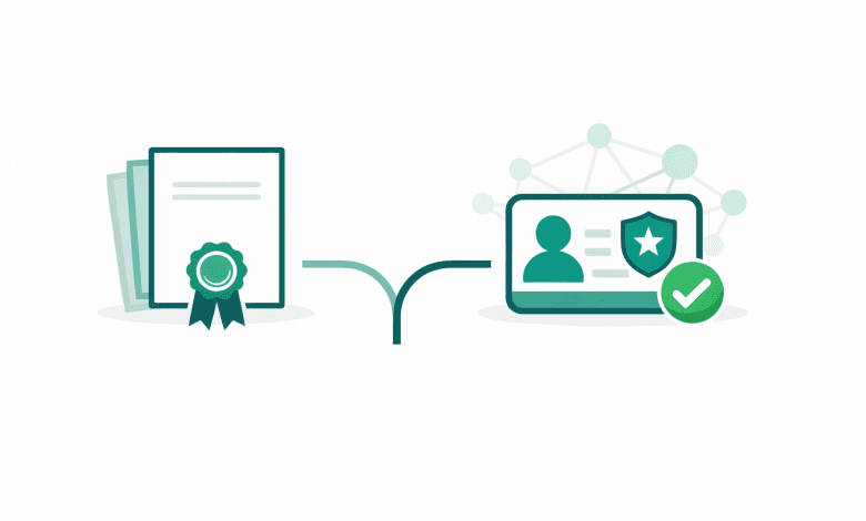 Illustration comparing a paper certificate and a verifiable digital credential