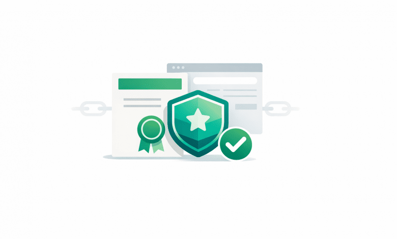 Certificate and digital badge icons with a verification page and checkmark
