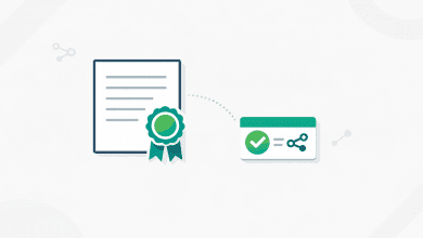 Illustration of a certificate and digital badge connected by verification nodes