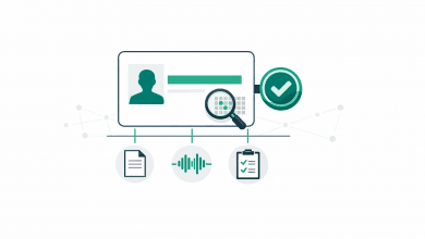 Digital credential with linked evidence icons and verification magnifier illustration
