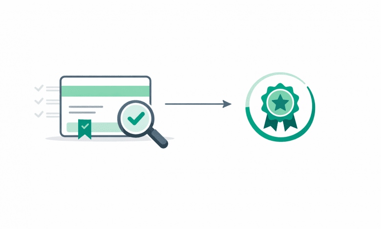Illustration of a certificate card, badge icon, and magnifying glass verification
