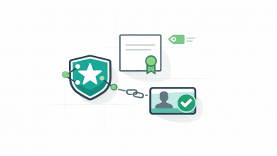 Digital badge, certificate document, and verification card icons on white background