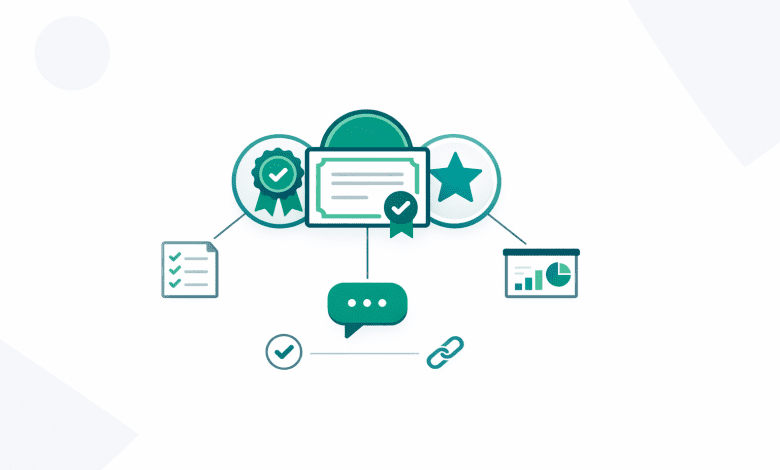 Illustration of digital badges linked to evidence artifacts and verification checkmark