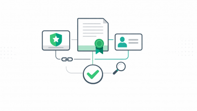 Abstract credential cards connected to a verification check and magnifier