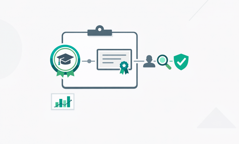 Digital badge and certificate icons connected to a verification check