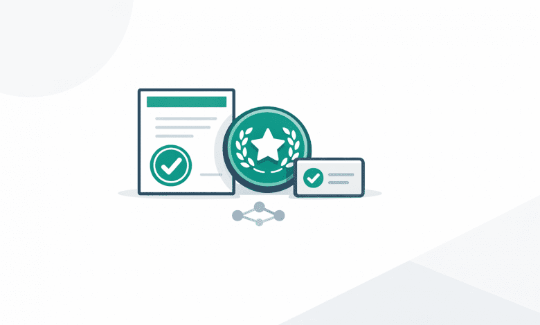 Digital certificate and skill badge icons with verification checkmark illustration