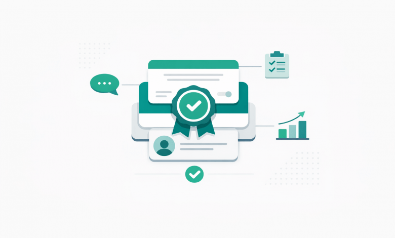 Illustration of skill cards and a verified badge connected to icons