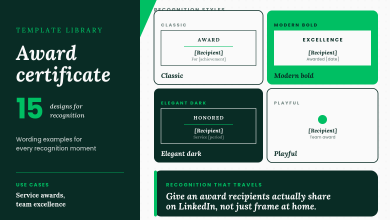 Editorial template library showing four award certificate recognition styles: classic, modern bold, elegant dark, and playful, with messaging on recognition that travels via LinkedIn