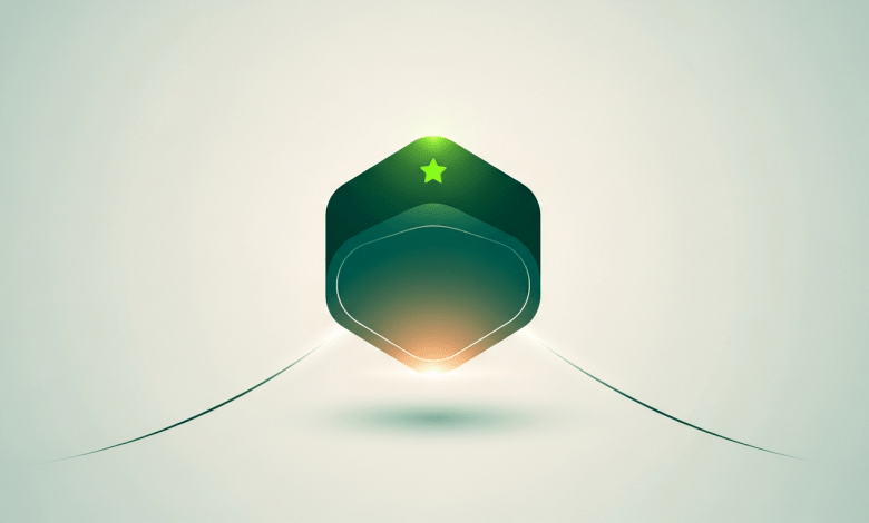 A glowing emerald hexagonal digital badge