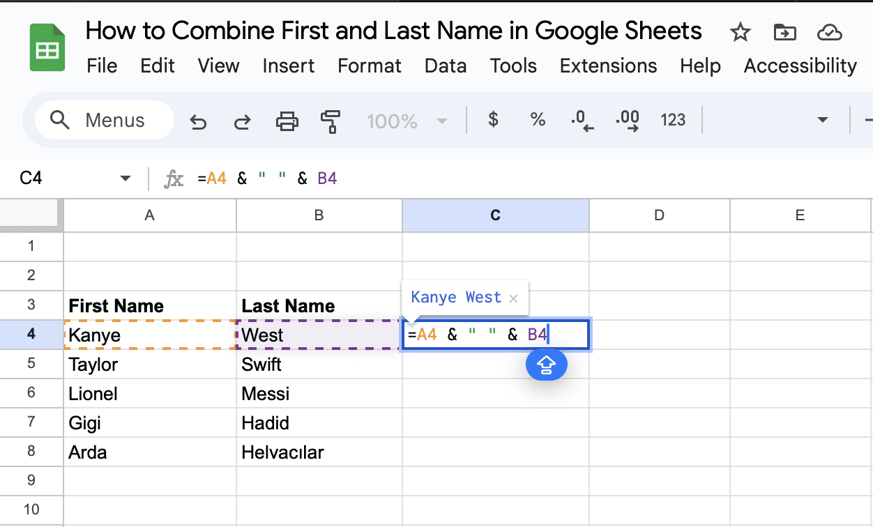 How to Combine First and Last Names in Google Sheets? (2024 Update) 4 3