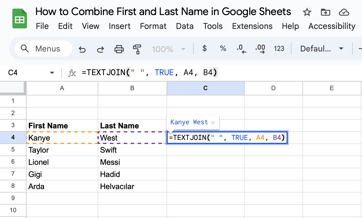 How to Combine First and Last Names in Google Sheets? (2024 Update) 8 7 1