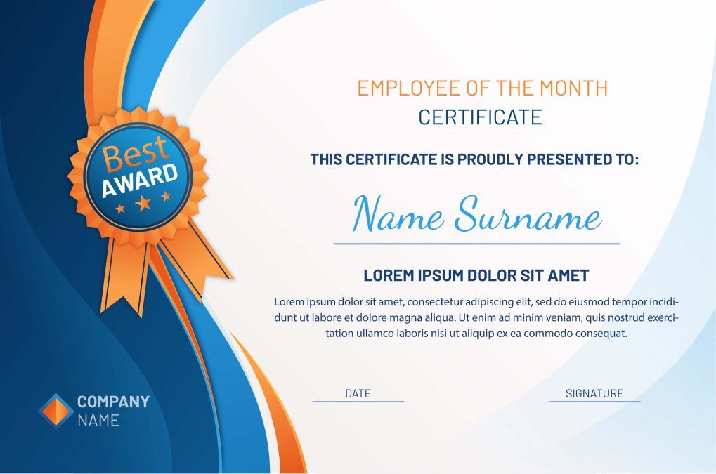 Employee of the month certificate: 13 free templates 5 Bright Blue and Orange Ribbon Employee of the Month Certificate