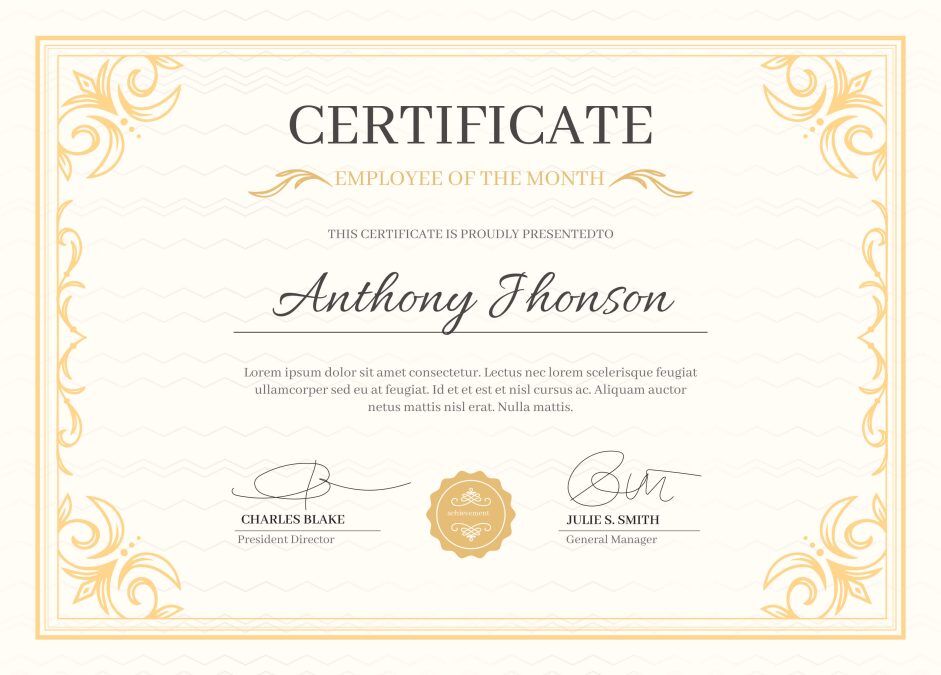 Employee of the month certificate: 13 free templates 10 Classic Elegance with Golden Ornaments Employee of the Month Certificate