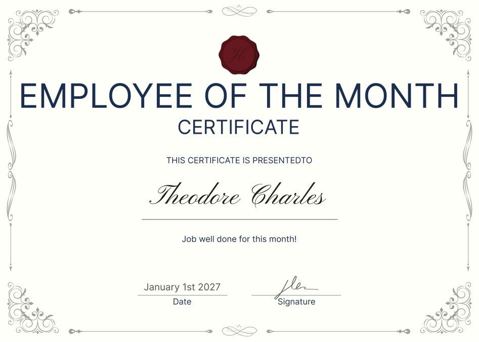 Employee of the month certificate: 13 free templates 3 Elegant Swirls and Red Seal Employee of the Month Certificate