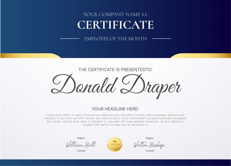Employee of the month certificate: 13 free templates 8 Modern Minimalist Navy and Gold Employee of the Month Certificate
