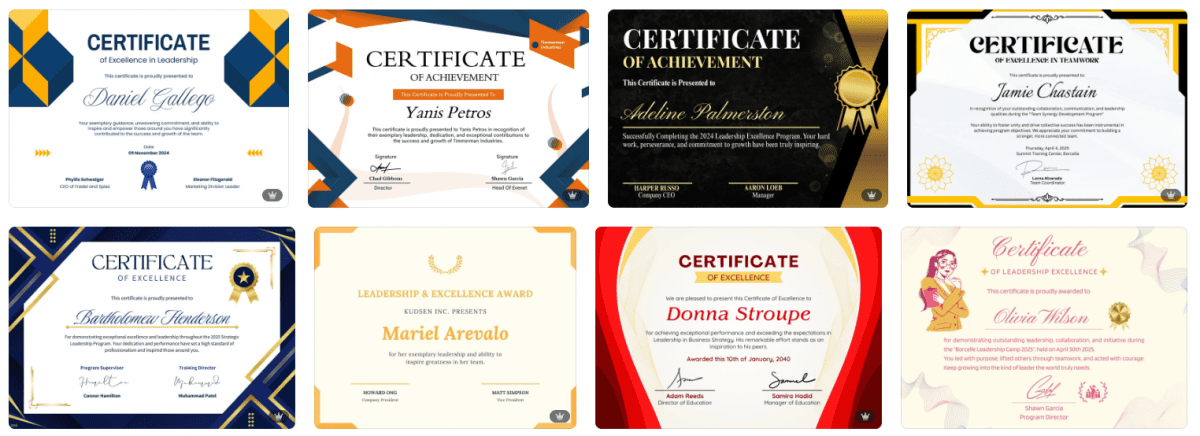 Leadership and excellence certificate template for Canva