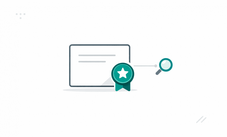 Illustration of a certificate with a verification link and badge icon