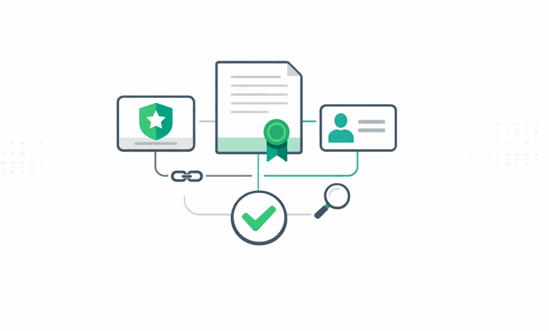 Skill Badges: A Practical Field Guide to Credentials, Evidence, and Verification 1 Abstract credential cards connected to a verification check and magnifier