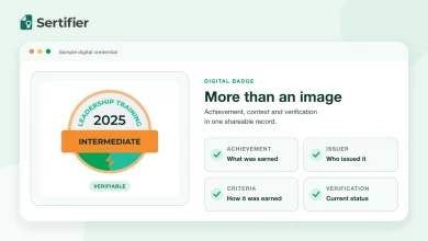 Sertifier sample digital badge displayed with achievement, issuer, criteria and verification fields.