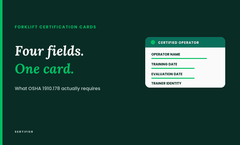 Forklift certification card template showing the four OSHA-required fields