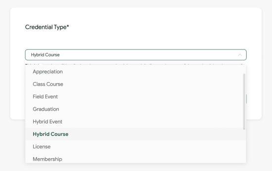 Sertifier + Zoom Integration 4 credential type section of creating a detail inside Sertifier app