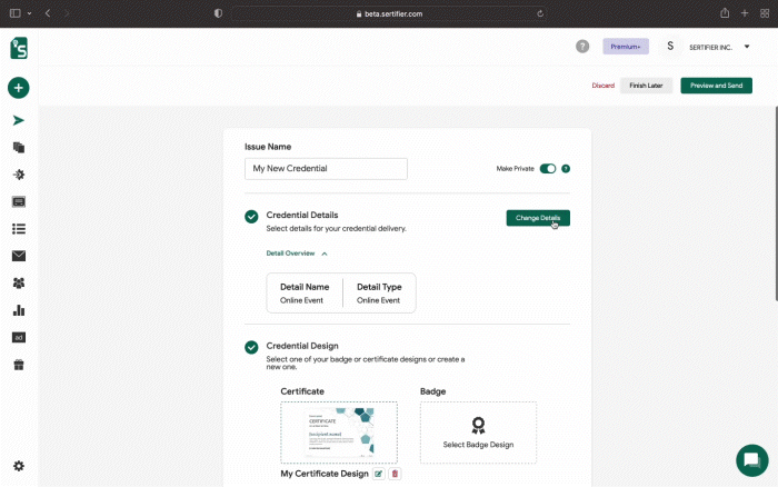 preview and send certificate on Sertifier