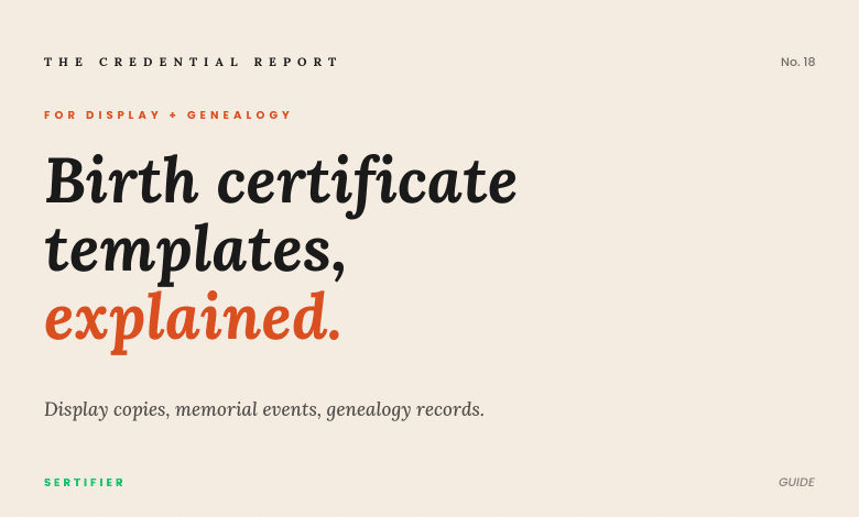 Editorial cover: birth certificate templates explained. Display copies, memorial events, genealogy records. The Credential Report No. 18