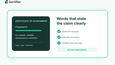 Example achievement certificate beside checks for recipient, reason, issuer and date.