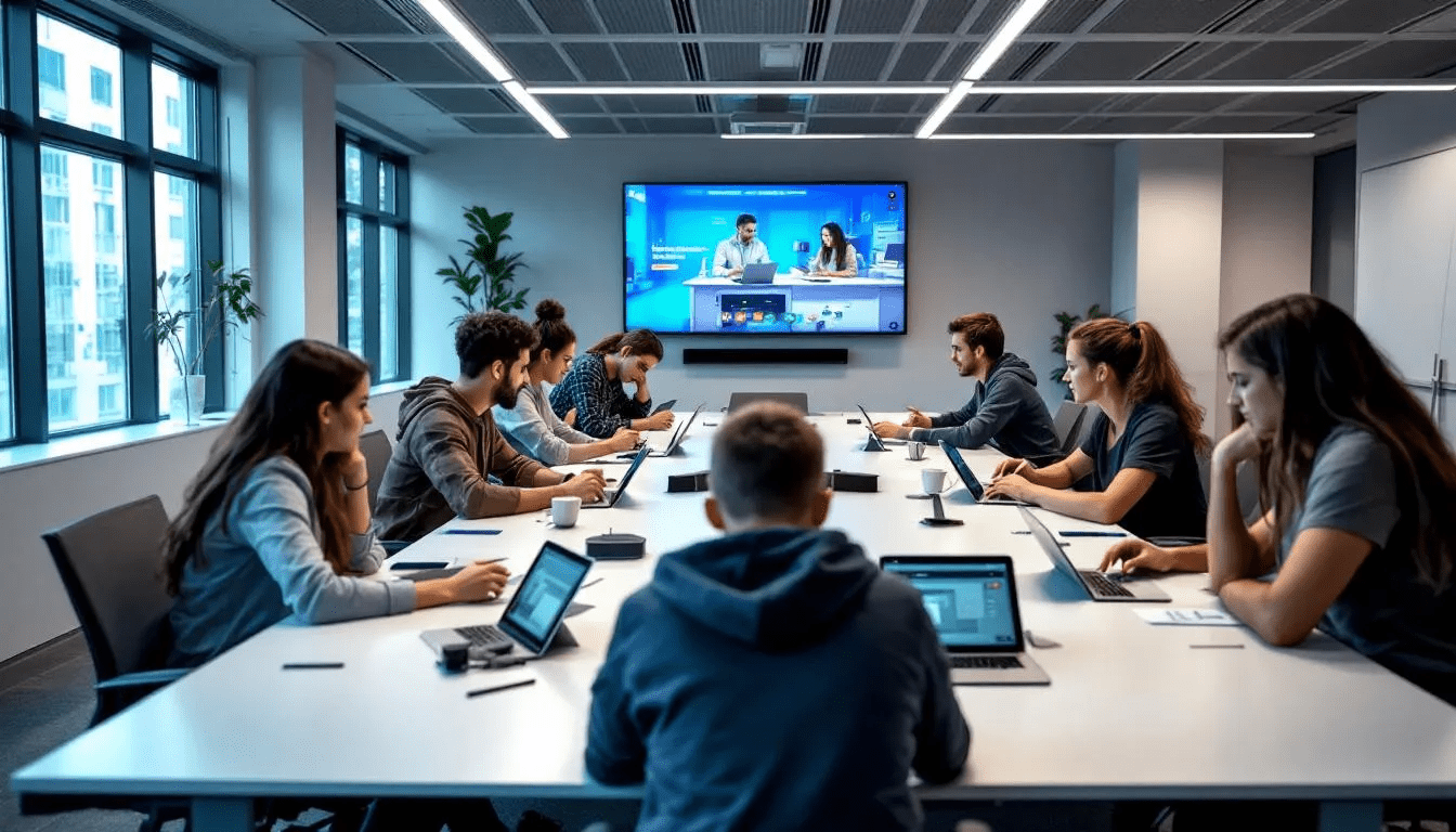 The image depicts a modern classroom filled with students engaged in collaborative learning, each using tablets to enhance their educational experience. This setup reflects the integration of technology in higher education, enabling learners to develop specialized skills and pursue stackable micro credentials that are valuable in today’s job market.