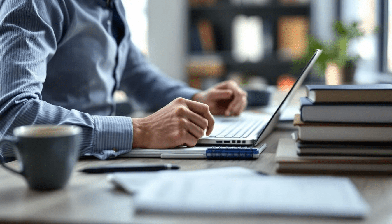 A professional individual sits at a neatly organized desk, surrounded by study materials and a computer, focused on enhancing their skills through online courses and stackable micro credentials. This setting reflects a commitment to lifelong learning and professional development, essential for advancing in today's competitive job market.