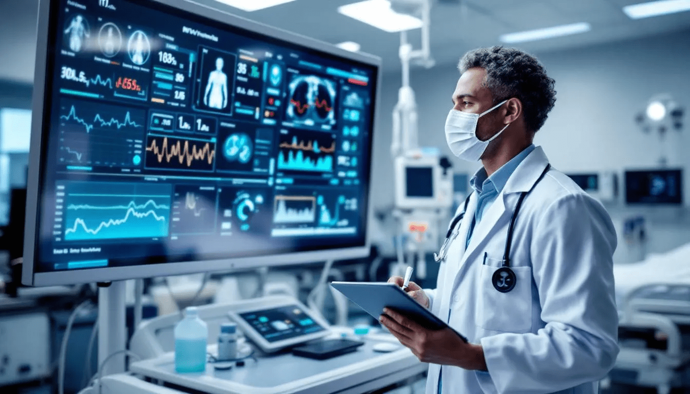 A healthcare professional is actively engaged with modern medical technology, utilizing digital devices to enhance patient care and streamline processes. This image reflects the importance of specialized skills and professional development through online courses and stackable micro credentials in today's job market.